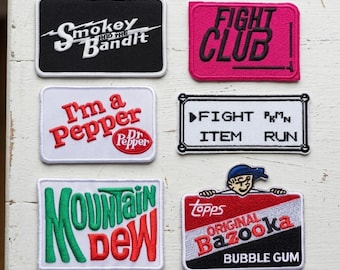 Retro 80s Pop Culture Embroidered Patch: Fight Club, Soda Classics, Gaming Icons, Iron-on Patches for Jacket