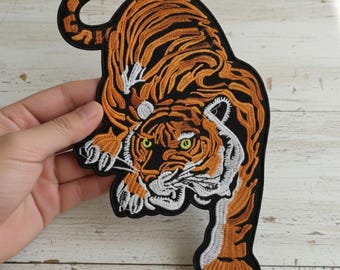 Large Tiger Embroidery Patch, Climbing Tiger Back Patches for Jackets & Jeans, Wild Animal Iron-on Applique