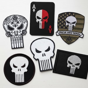 Punisher Embroidered Patches: Tactical Iron On Applique for Jackets & Gear, Punisher Logo Skull Patch