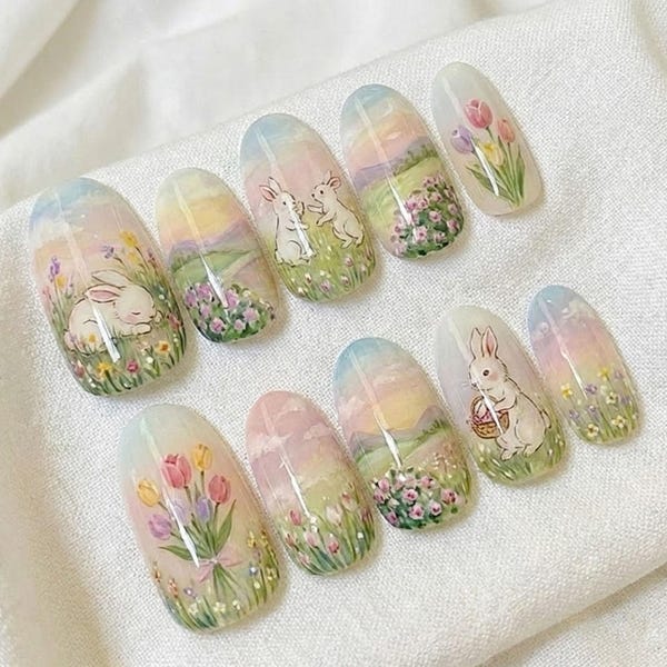 Bunny Tulip Press On Nails | Handmade Watercolor Easter Art
