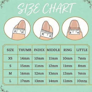 May include: A size chart for nail sizing, with illustrations of fingers being measured. The chart includes measurements in millimeters for thumb, index, middle, ring, and little fingers, with sizes ranging from XS to L.