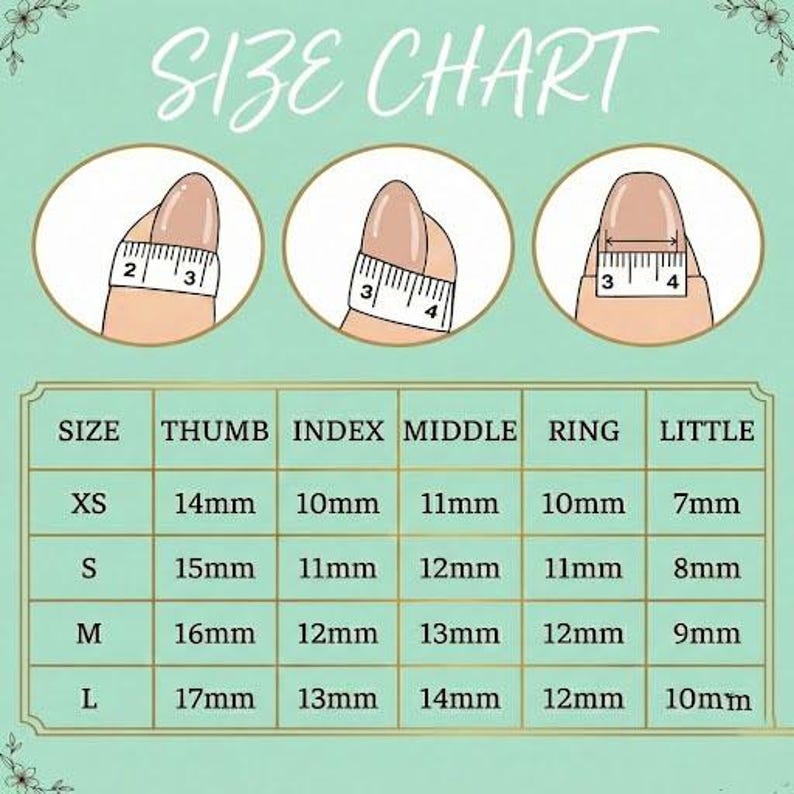 May include: A size chart for nail sizing, with illustrations of fingers being measured. The chart includes measurements in millimeters for thumb, index, middle, ring, and little fingers, with sizes ranging from XS to L.