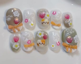 Handmade Kawaii Kitty Press On Nails | Strawberry & Daisy Nail Art