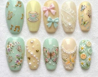 Uñas postizas vintage con diseño de jardín y fiesta de té / Lazo 3D con mariposa y encaje, perlas