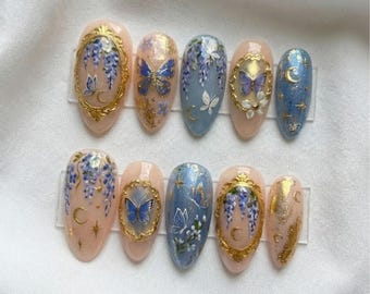 Uñas postizas vintage de glicina / Mariposa con marco dorado 3D, diseño botánico azul Fairycore