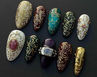 Royal Baroque Press On Nails | 3D Gold Filigree, Gemstone Nail Art