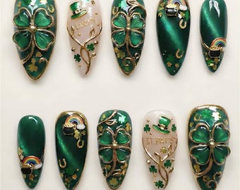 Handmade St. Patrick's Day Press On Nails | 3D Shamrock, Pot of Gold