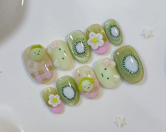 Handmade Kawaii Kiwi Press On Nails | 3D Fruit & Daisy Design