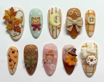 Autumn Cat 3D Press On Nails | Fall Leaf, Pumpkin Nail Art