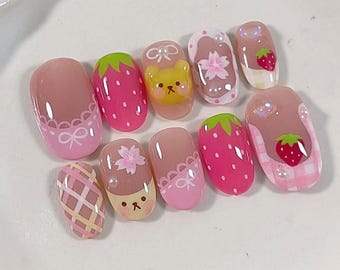 Kawaii Strawberry Bear Press On Nails | Pink Gingham Lace Nail Art