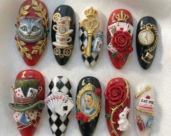 Alice in Wonderland Press On Nails | 3D Mad Hatter & Cheshire Cat, Stiletto Gel Nails