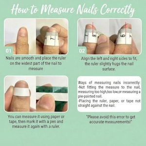 May include: A guide on how to measure nails correctly, with step-by-step instructions. The image shows how to measure nails using a ruler or tape, and highlights common measurement errors. Text includes "How to Measure Nails Correctly."