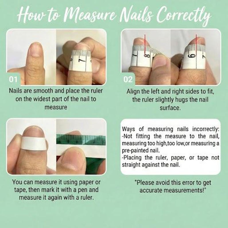 May include: A guide on how to measure nails correctly, with step-by-step instructions. The image shows how to measure nails using a ruler or tape, and highlights common measurement errors. Text includes "How to Measure Nails Correctly."