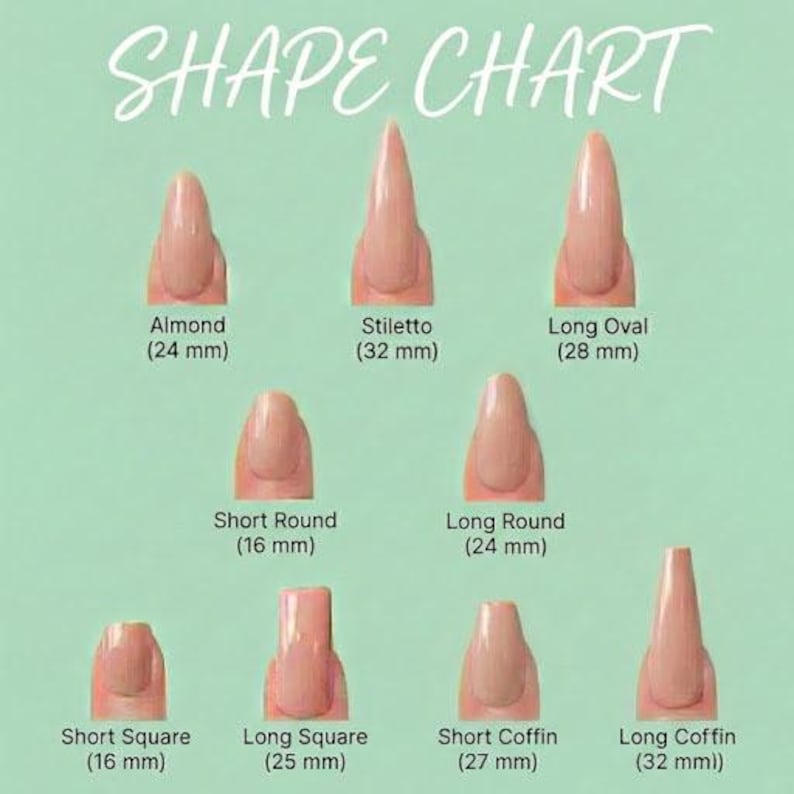 May include: A shape chart displaying various nail shapes, including almond, stiletto, long oval, short round, long round, short square, long square, short coffin, and long coffin. Each nail shape is labeled with its name and length in millimeters.