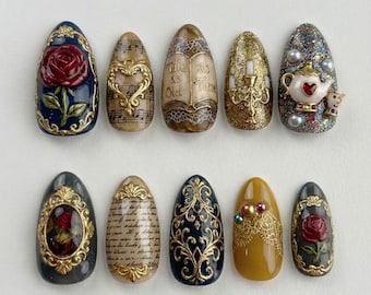 Beauty and the Beast Press On Nails | 3D Rose, Teapot, Gold Frame