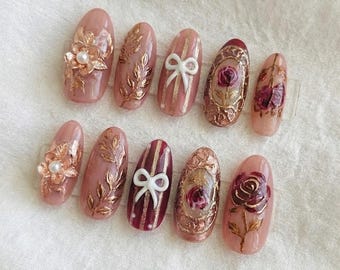 Uñas postizas victorianas con estampado floral de cobre / Uñas postizas con camafeo y lazo de rosas 3D