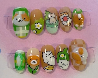 Handmade Cat Press On Nails | Green Check, Cottagecore Floral Design