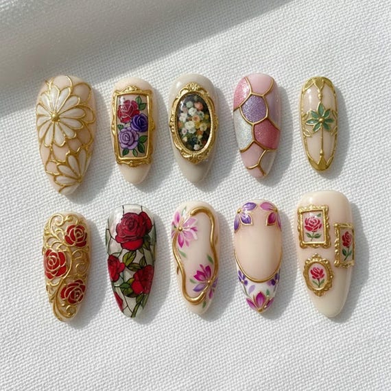 Handmade Baroque Gallery Press On Nails | 3D Gold Frame, Rose Art
