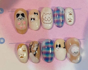 3D Cat Press On Nails | Beige Plaid, Kawaii Handmade Kitty Nails