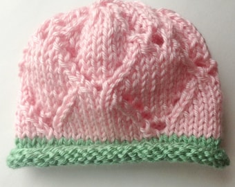 Knit Baby Hat, Pink Green, Beanie, Infant, Handmade