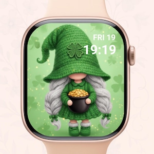 May include: A digital watch face featuring a green gnome with a large hat and a four-leaf clover. The gnome is holding a pot of gold. The time is 19:19 on Friday, the 19th.