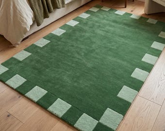Sage Green Checkerboard Rug | Hand Tufted Wool Carpet | Retro Y2K Aesthetic Room Decor | Funky Geometric Area Rug | Green Block Border Rug