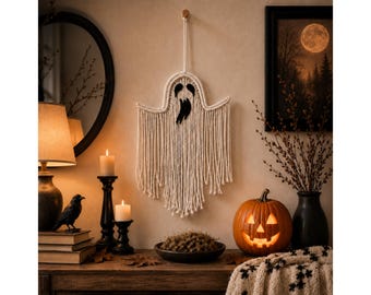 Macrame Ghost Halloween Decor, Handmade White Rope Ghost, Spooky Wall Hanging, Boho Halloween Home Decor, Cute Ghost Decoration