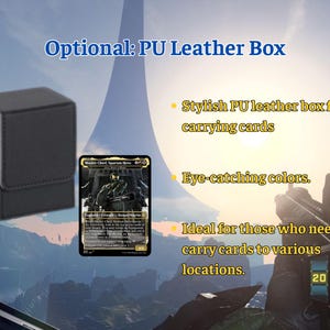 May include: A black PU leather box with a magnetic closure, designed for carrying cards. A card featuring a character in green armor is next to the box. The text "Optional: PU Leather Box" is at the top.