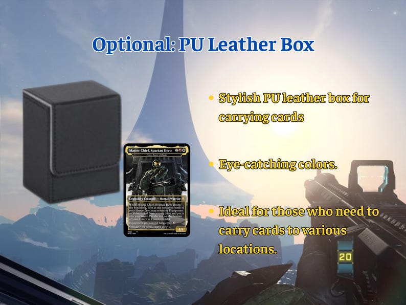 May include: A black PU leather box with a magnetic closure, designed for carrying cards. A card featuring a character in green armor is next to the box. The text "Optional: PU Leather Box" is at the top.