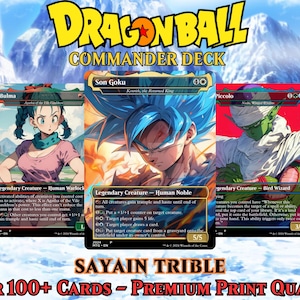 May include: Dragon Ball Commander Deck with three character cards: Bulma, Son Goku, and Piccolo. Each card displays character art and game text. The text "SAYAIN TRIBLE" and "OVER 100+ CARDS - PREMIUM PRINT QUALITY" are also visible.