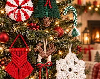 Handmade Christmas Macrame Ornaments, Holiday Tree Decor Set, Ready to Hang Xmas Decorations, Boho Christmas Gift