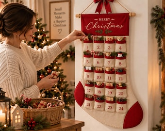 Christmas Advent Calendar for Kids, 24 Pocket Stocking Calendar, Countdown Decor.