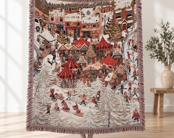 Christmas Village Woven Blanket, Festive Cotton Tapestry Throw, Holiday Sofa Bed Decor, Cozy Xmas Keepsake Gift