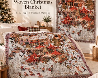 Personalized Christmas Woven Throw, Vintage Xmas Village Tapestry Blanket, Cotton Holiday Home Decor, Festive Keepsake Gift