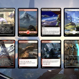 May include: A collection of eight Magic: The Gathering trading cards. The cards feature various landscapes and characters, with text and illustrations. The color palette includes black, red, white, and blue. The cards are from the Halo series.