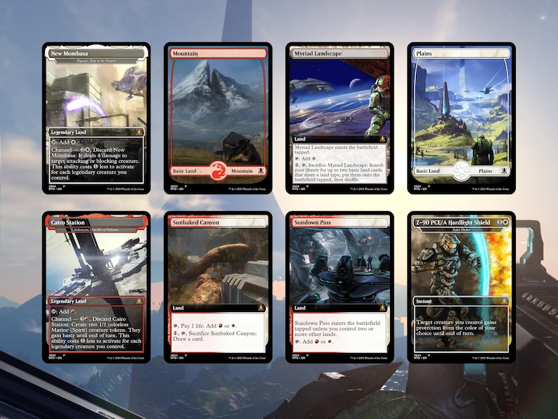 May include: A collection of eight Magic: The Gathering trading cards. The cards feature various landscapes and characters, with text and illustrations. The color palette includes black, red, white, and blue. The cards are from the Halo series.