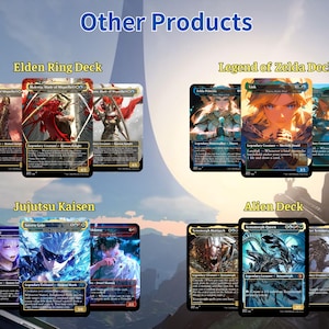 May include: Image showcasing various trading card decks, including Elden Ring, Legend of Zelda, Jujutsu Kaisen, and Alien decks. Each deck features multiple cards with unique artwork and text. The title "Other Products" is displayed at the top.