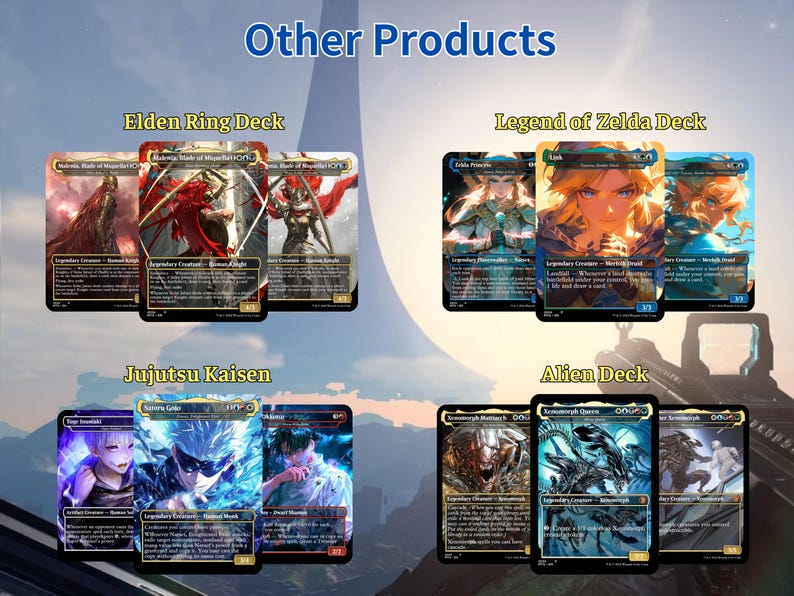 May include: Image showcasing various trading card decks, including Elden Ring, Legend of Zelda, Jujutsu Kaisen, and Alien decks. Each deck features multiple cards with unique artwork and text. The title "Other Products" is displayed at the top.