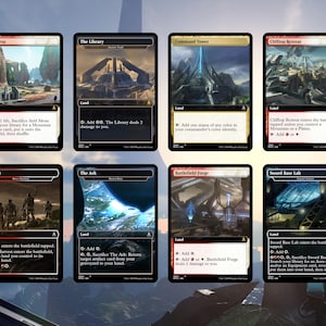 May include: Eight Magic: The Gathering trading cards featuring various landscapes and structures. The cards include "Arid Mesa," "The Library," "Command Tower," "Cliffhop Retreat," "Harvest," "The Ark," "Battlefield Forge," and "Sword Base Lab."
