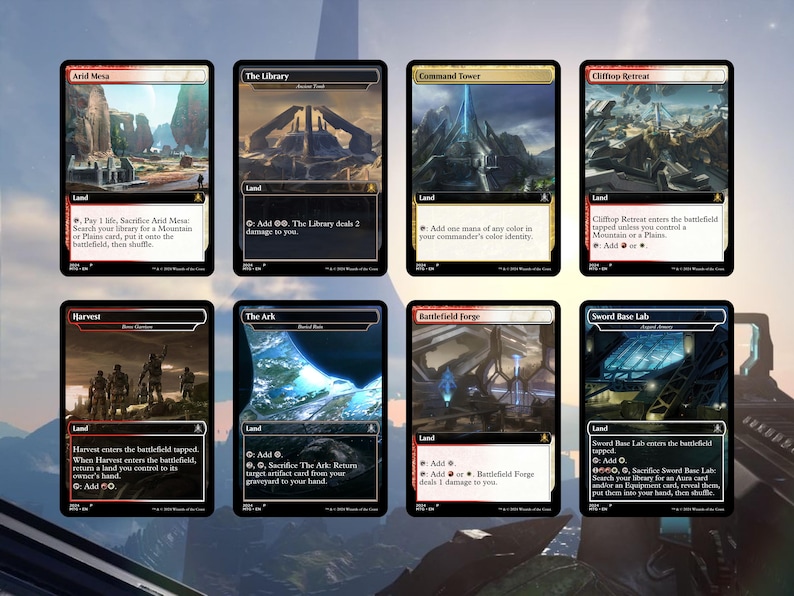 May include: Eight Magic: The Gathering trading cards featuring various landscapes and structures. The cards include "Arid Mesa," "The Library," "Command Tower," "Cliffhop Retreat," "Harvest," "The Ark," "Battlefield Forge," and "Sword Base Lab."