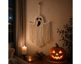 Cute Macrame Halloween Ghost, Hanging Rope Ghost Wall Decor, Handmade White Ghost Ornament, Cozy Spooky Halloween Decoration