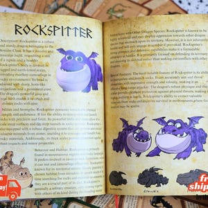 Può includere: Libro aperto con illustrazioni di draghi. La pagina sinistra presenta un drago viola chiamato Rockspitter con testo descrittivo. La pagina destra mostra altre illustrazioni di draghi. Il libro ha un aspetto vintage.