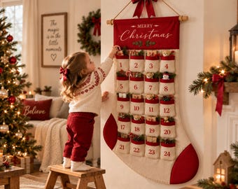 Reusable Christmas Advent Calendar, Personalized Name Canvas Wall Hanging with 24 Large Pockets