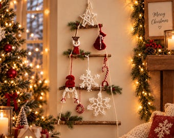 Macrame Christmas Tree Wall Hanging, Handmade Boho Xmas Decor, Rustic Holiday Ornament Set