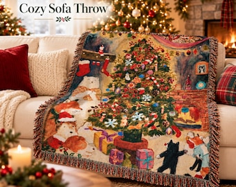 Christmas Tree Woven Blanket, Woodland Animal Holiday Throw, Cozy Sofa Bed Decor, Festive Tapestry Wall Hanging
