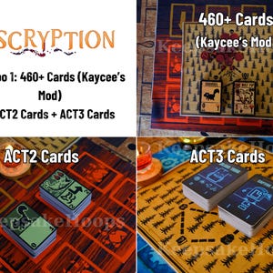 Może przedstawiać: Obraz kart Inscryption, w tym 460+ kart (Kaycee's Mod), kart ACT2 i kart ACT3. Karty są wyświetlane na różnych matach do gry o różnych wzorach. Tekst "INSCRYPTION" jest widoczny u góry.