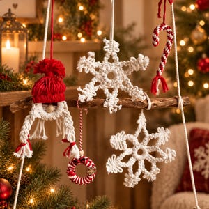 May include: A collection of handmade macrame Christmas ornaments hanging from a wooden branch, including a gnome with a red hat, two white snowflakes, a small red and white striped wreath, and a red and white candy cane ornament.