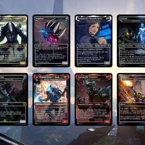 May include: A collection of eight Magic: The Gathering trading cards. The cards feature various fantasy and science fiction themed artwork, including characters and creatures. Each card has a unique design with text and symbols.
