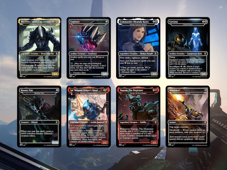 May include: A collection of eight Magic: The Gathering trading cards. The cards feature various fantasy and science fiction themed artwork, including characters and creatures. Each card has a unique design with text and symbols.