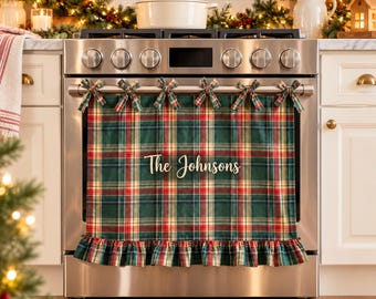 Plaid Oven Handle Curtain, Handmade Farmhouse Kitchen Decor, Gingham Stove Skirt, Personalized Christmas Gift for Mom & Grandma